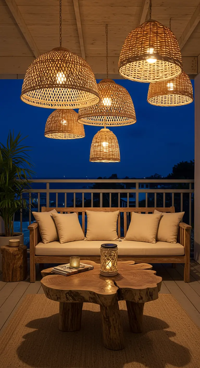 Plusieurs suspensions en rotin de différentes formes au-dessus d'un salon de jardin en bois.