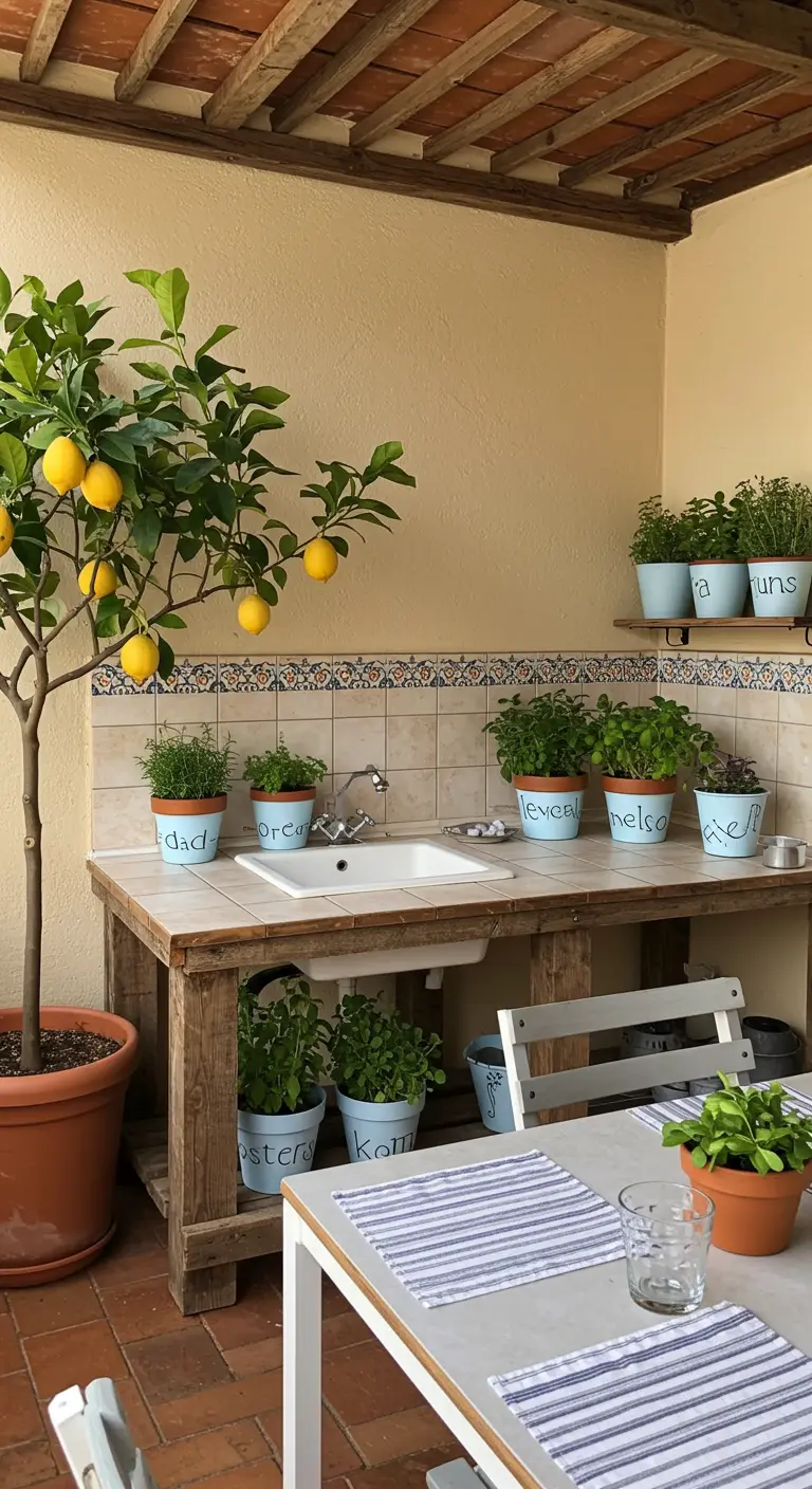 Coin cuisine extérieur sur une terrasse avec évier, plan de travail en bois et carrelage mural.