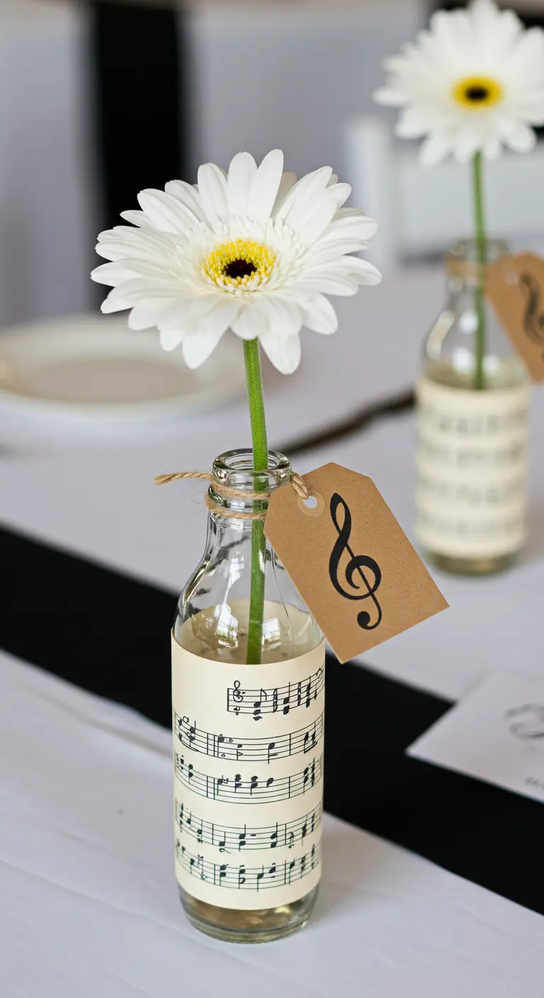 Bouteille décorée de partitions de musique avec une marguerite blanche.