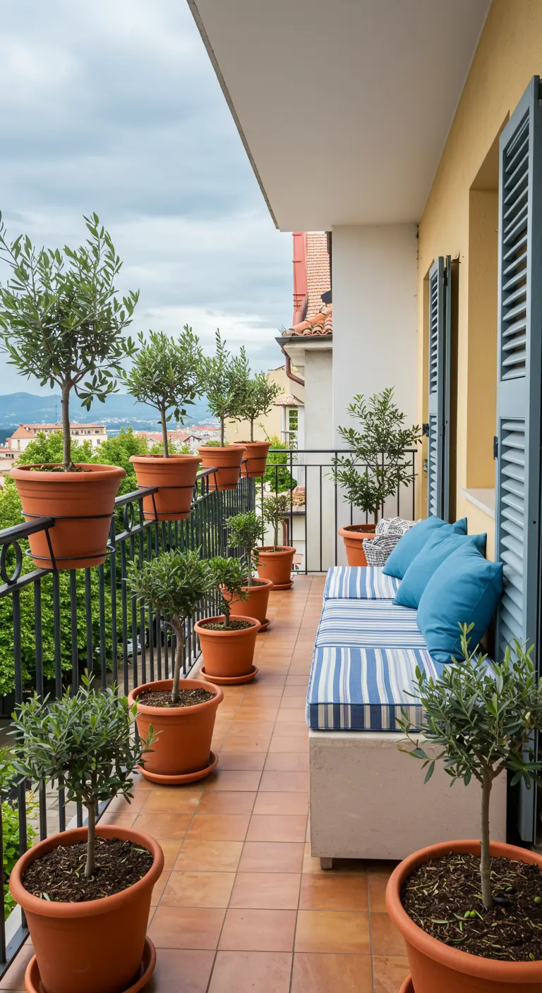 Long balcon étroit bordé d'une rangée d'oliviers en pots de terre cuite.