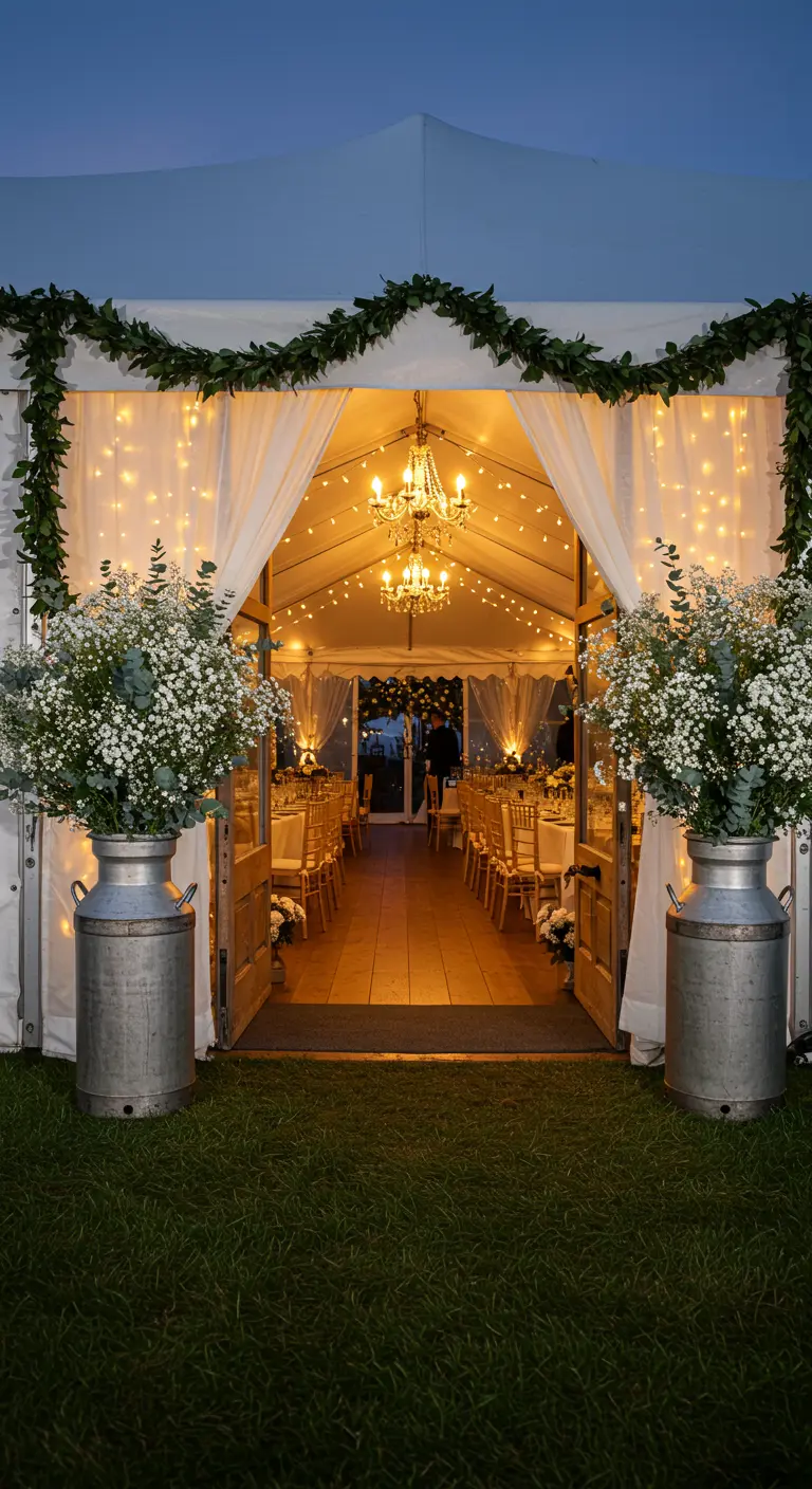 Entrée d'une tente décorée de rideaux, de fleurs et de lustres.