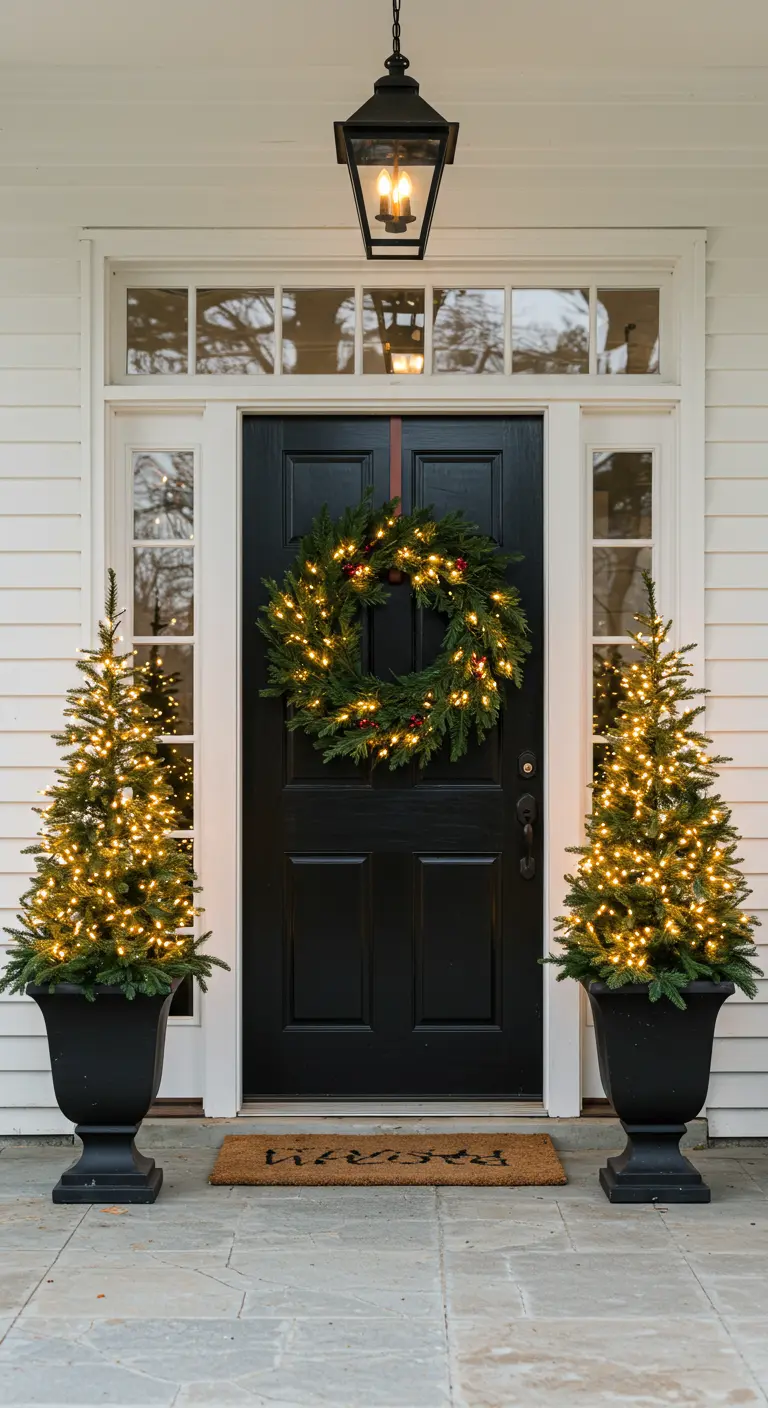 Porte d'entrée noire avec une couronne et deux arbres en pot, tous illuminés.