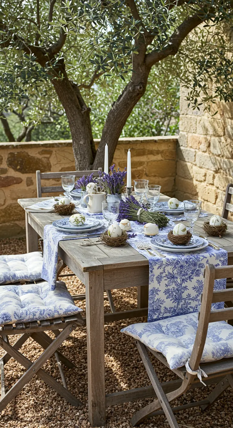 Table de Pâques extérieure de style provençal avec de la lavande et de la vaisselle bleue.