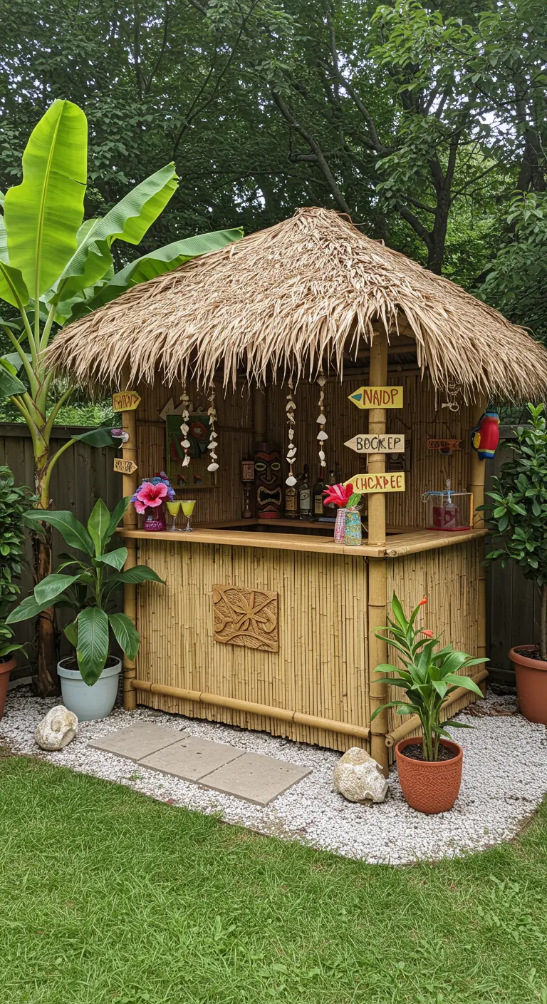 Bar de jardin de style tiki en bambou avec un toit de chaume et des plantes exotiques.