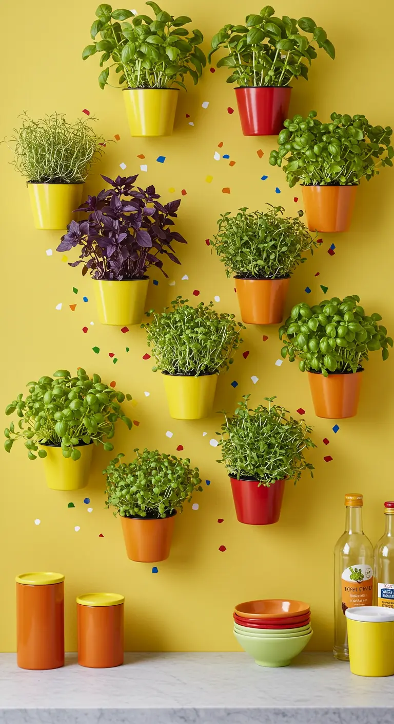 Pots de couleurs vives avec herbes fraîches et basilic pourpre sur un mur jaune avec confettis.
