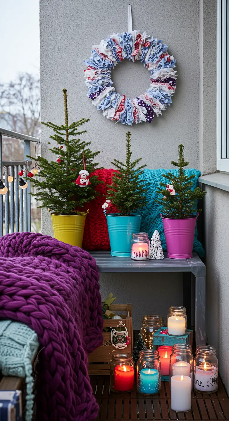 Balcon coloré avec plaids, mini-sapins en pots vifs, bougies et couronne en tissu DIY.