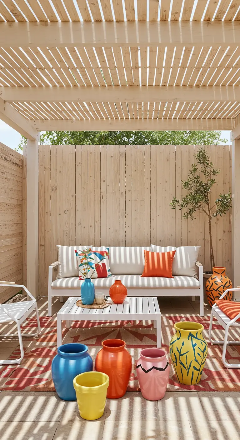 Pergola en bois blanchi avec un canapé blanc et des pots et coussins très colorés.