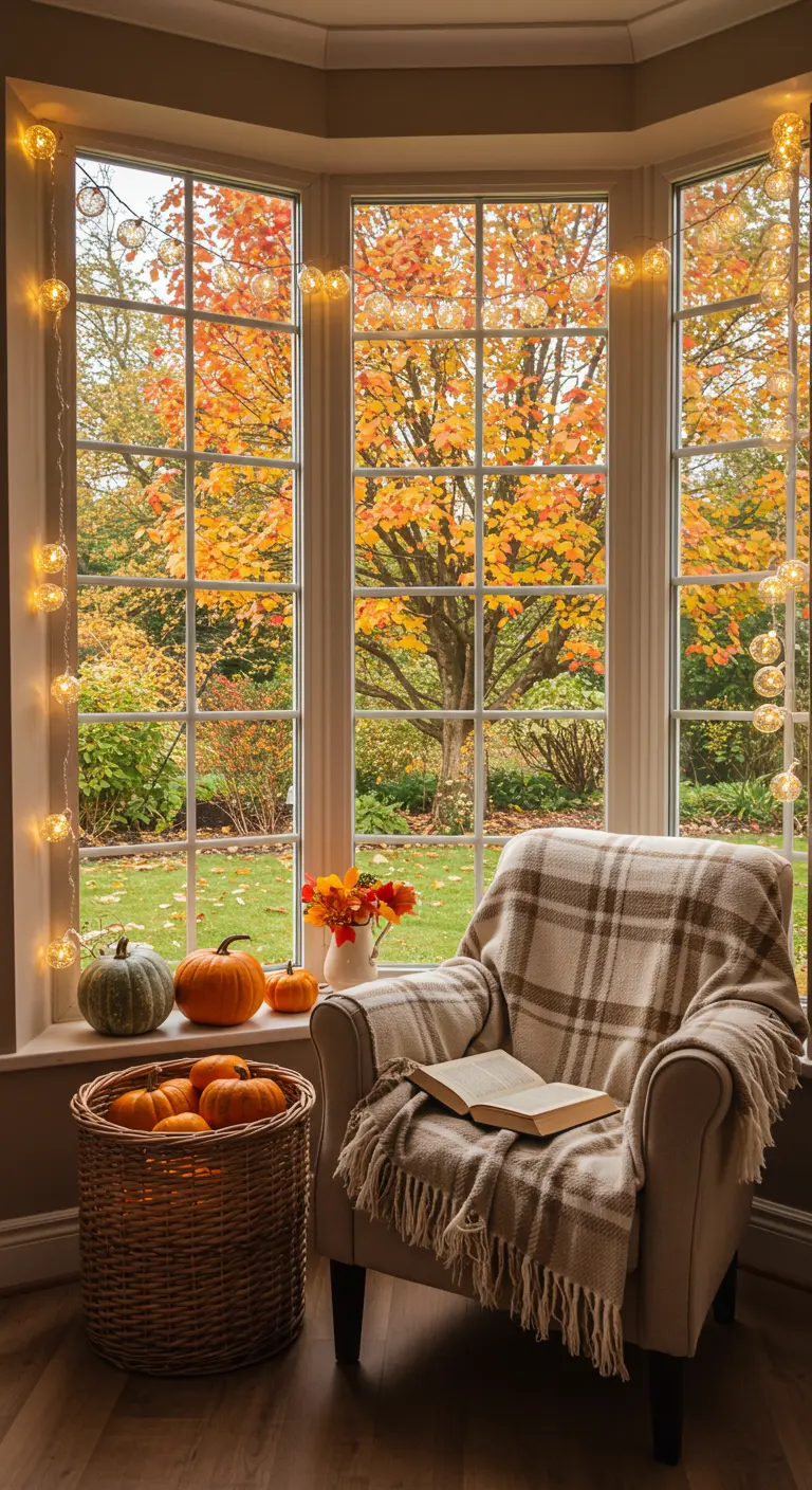 Coin lecture près d'une fenêtre avec un plaid, des citrouilles et des lumières