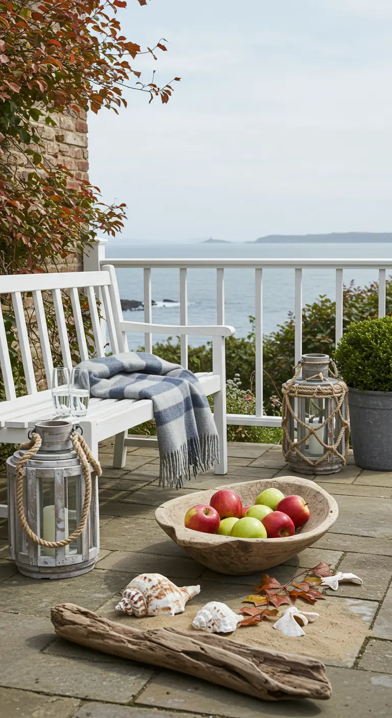 Banc blanc face à la mer avec plaid, lanternes à corde et bol de pommes.