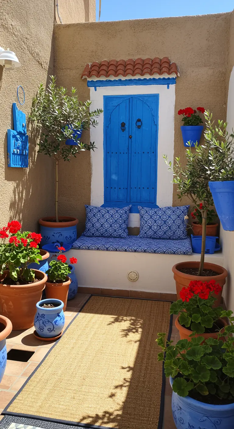 Coin terrasse d'inspiration grecque avec du bleu vif, de la terre cuite et des géraniums.