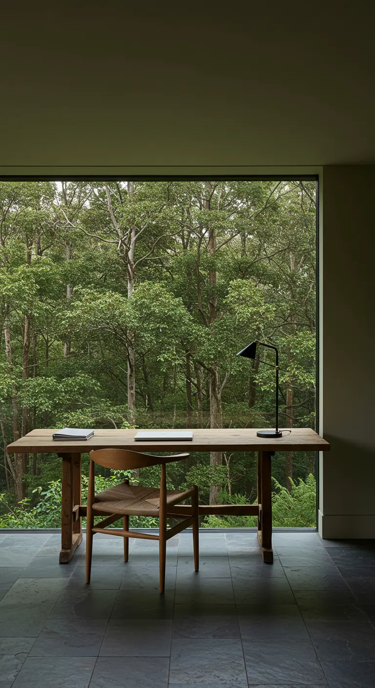 Bureau en bois rustique placé devant une immense fenêtre donnant sur une forêt.