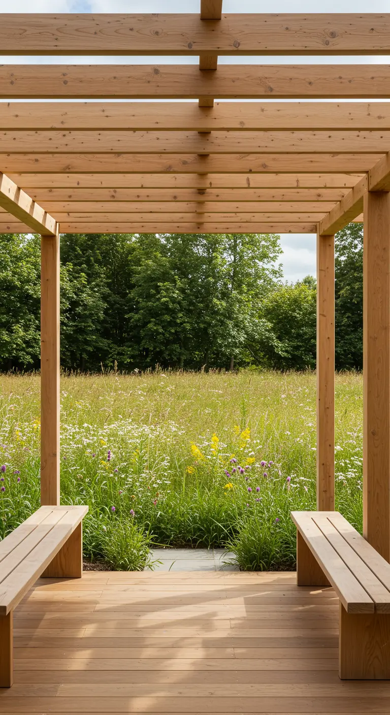 Pergola en bois avec deux bancs simples faisant face à un champ de fleurs sauvages.