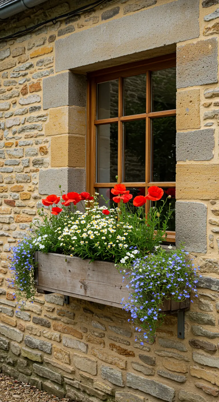 Jardinière de fenêtre en bois sur mur en pierre, avec coquelicots et marguerites.