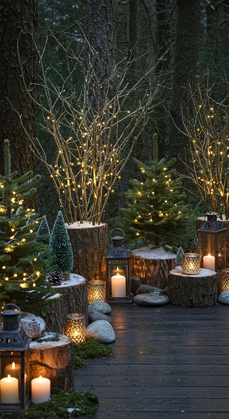 Décor forestier avec rondins de bois, branches illuminées, mini-sapins et lanternes diverses.