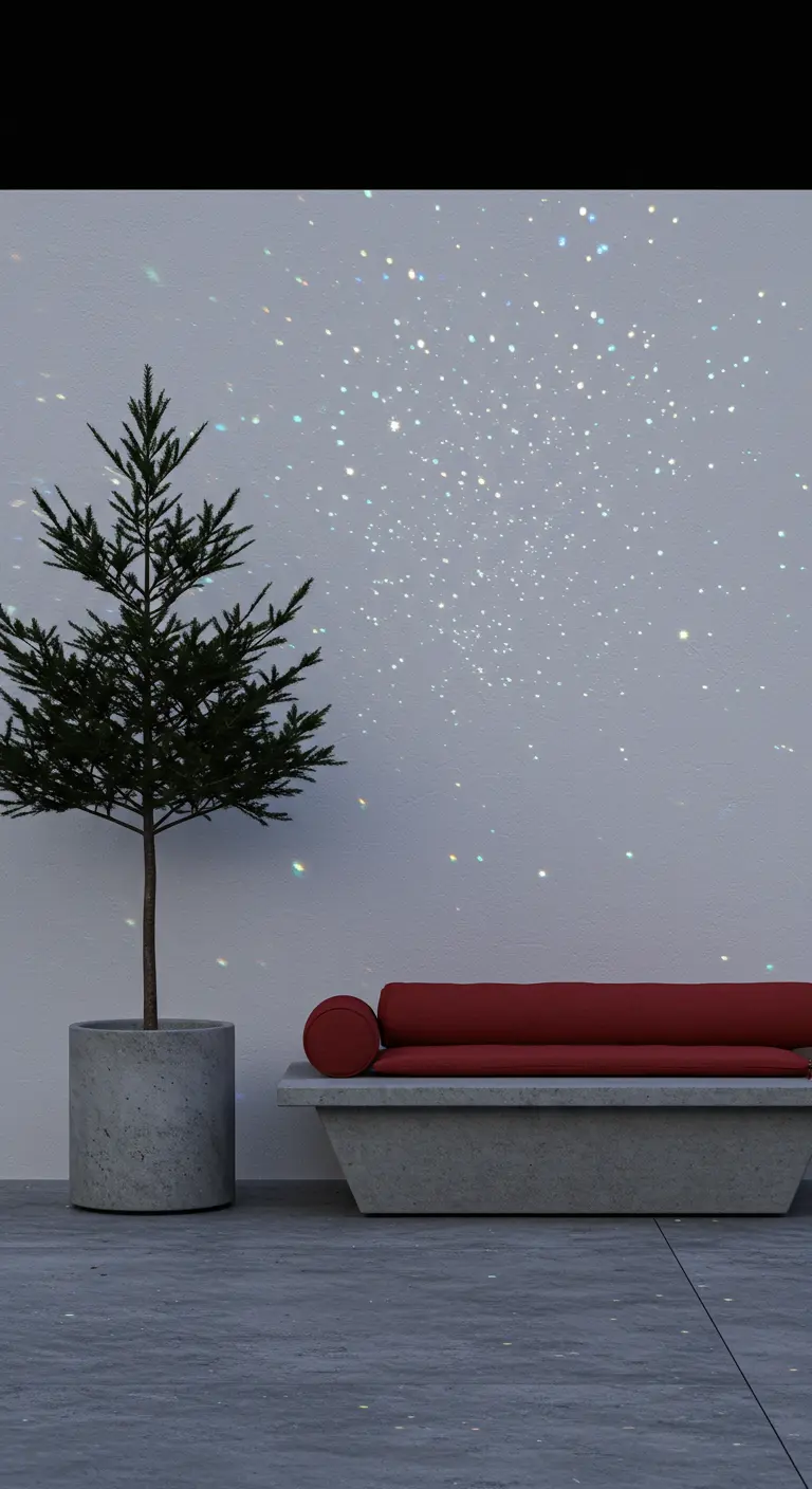 Mur extérieur avec des lumières projetées en forme d'étoiles, à côté d'un petit sapin.