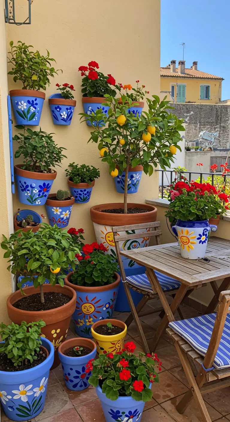 Mur de balcon décoré de nombreux pots en terre cuite peints à la main avec des motifs floraux.