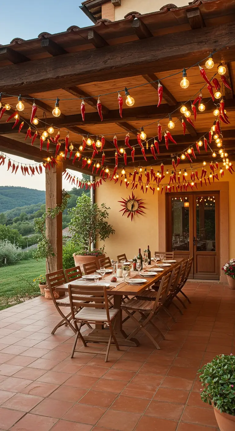 Guirlandes lumineuses décorées de piments rouges séchés suspendues sur une terrasse rustique.