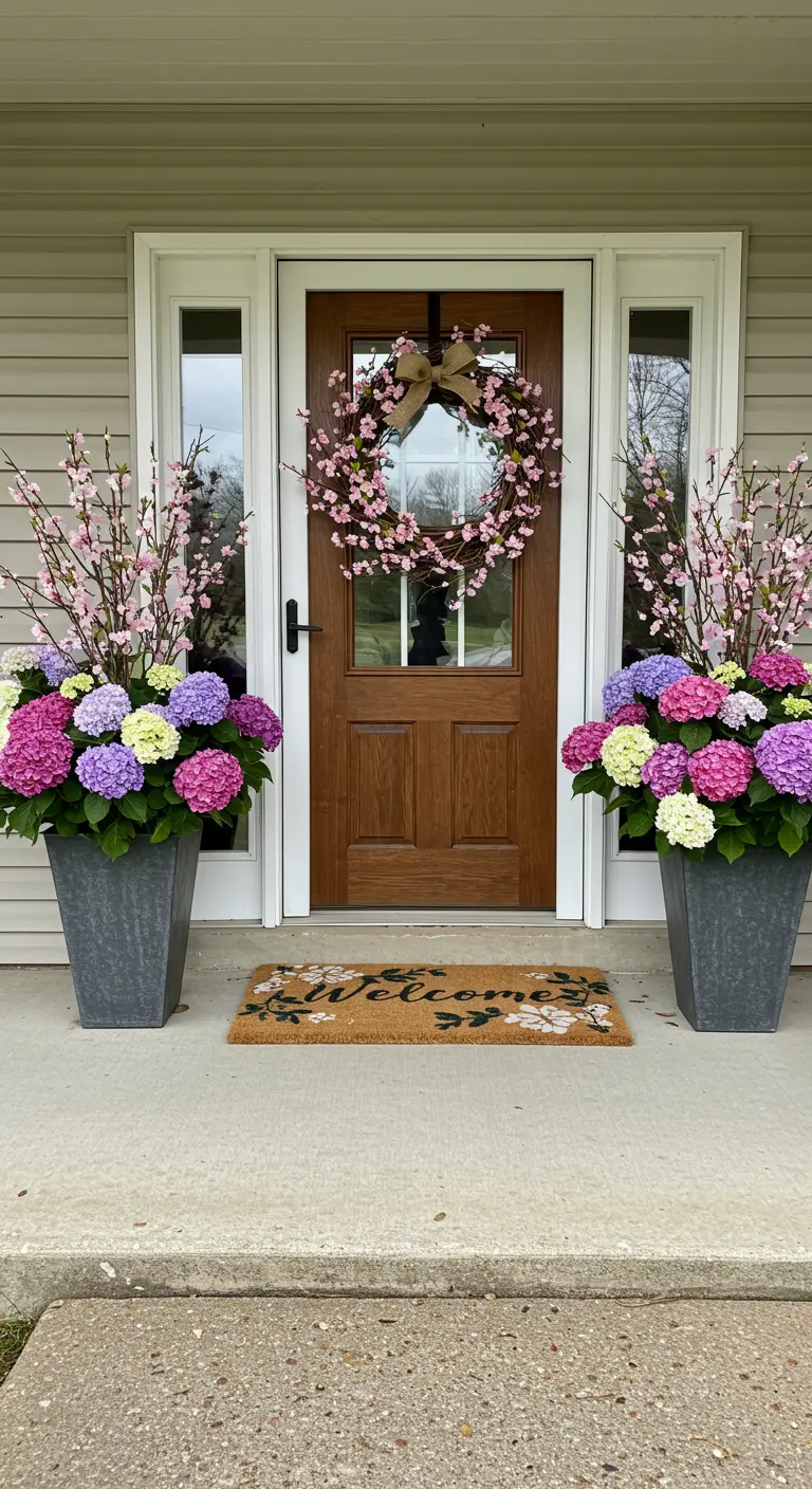 Entrée de maison flanquée de deux grands pots gris remplis d'hortensias colorés.