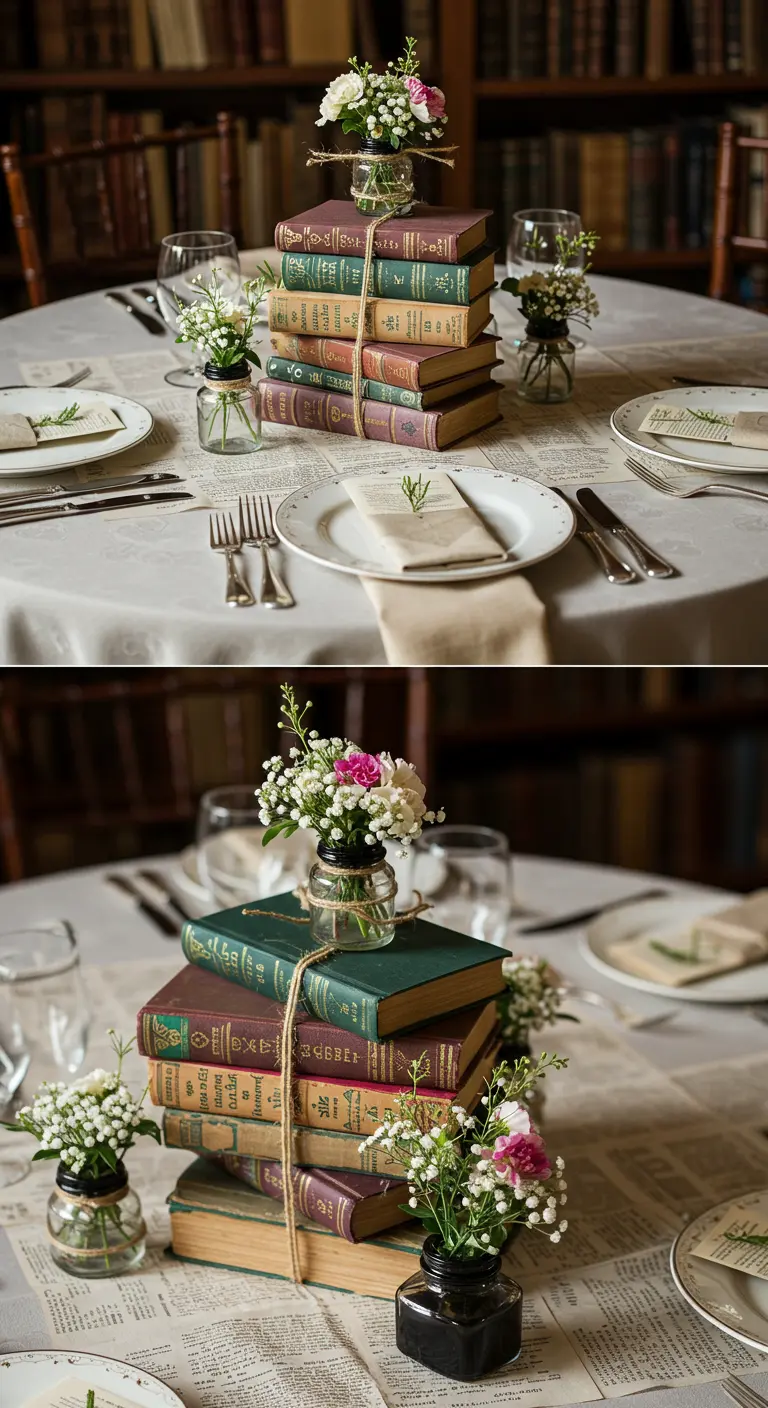 Centre de table de mariage composé d'une pile de livres anciens et de petits bouquets.