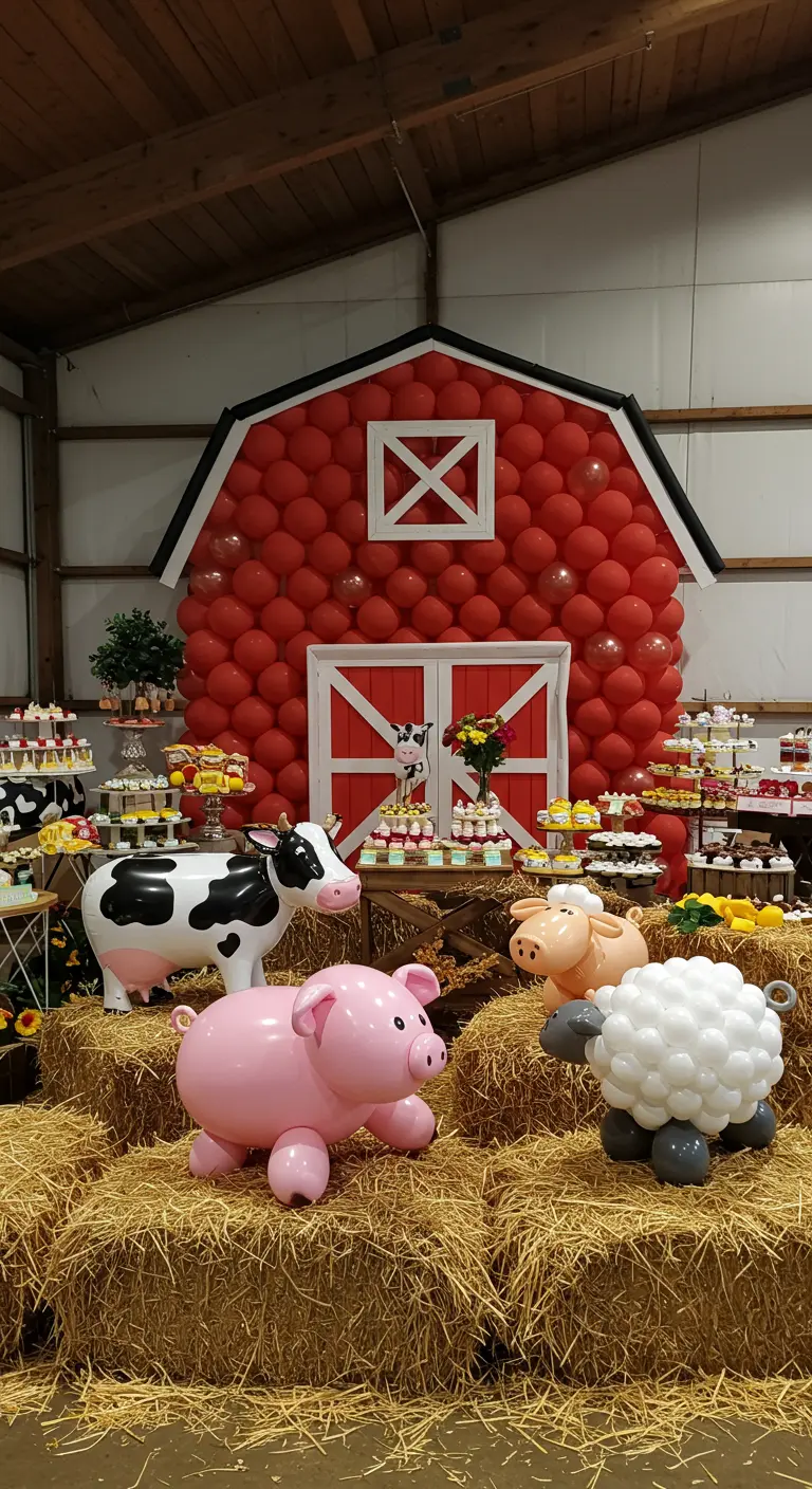 Une scène de ferme avec une grange rouge et des animaux en ballons sur des bottes de paille.