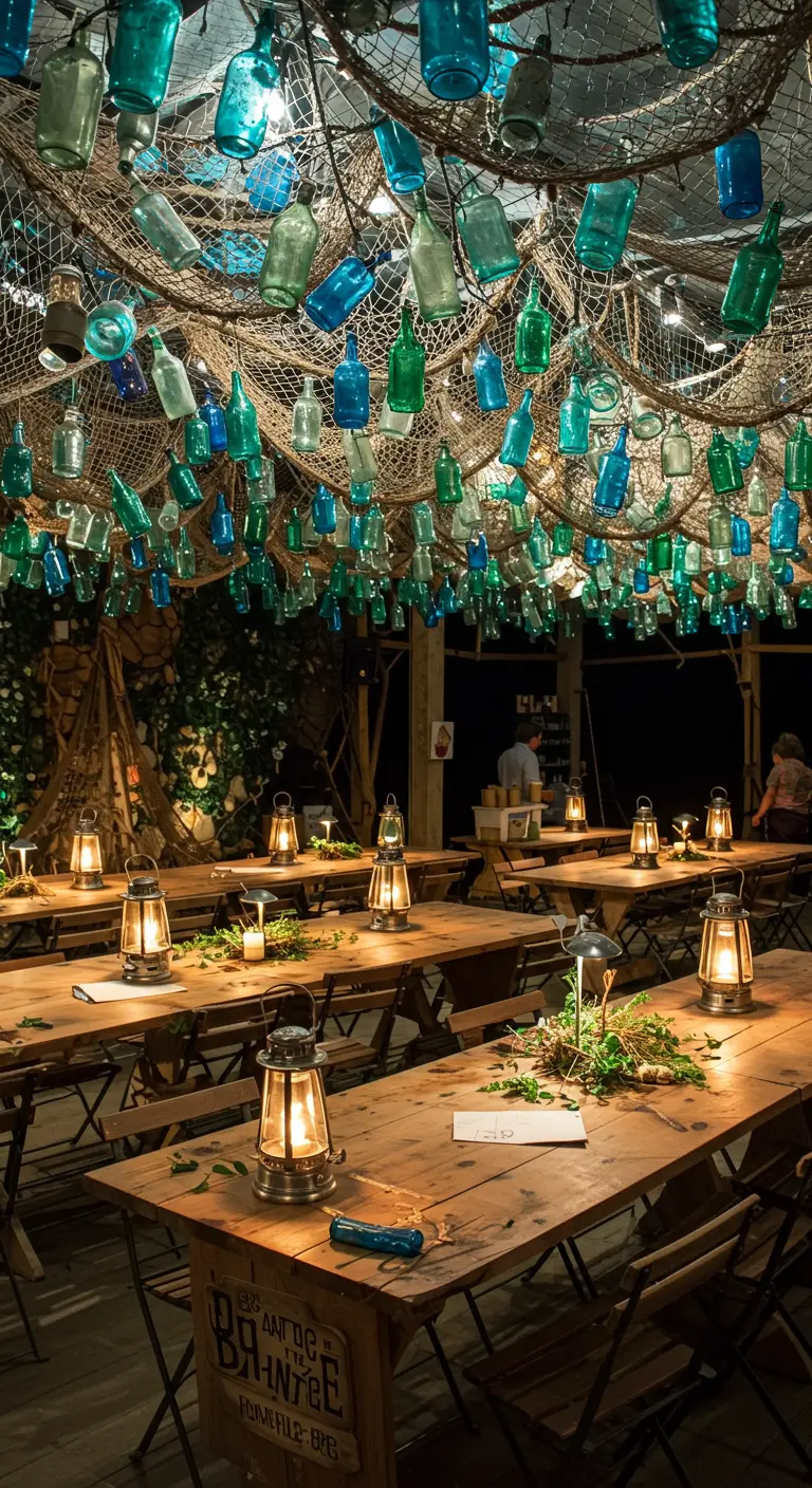 Plafond couvert d'un filet de pêche auquel sont suspendues des bouteilles en verre coloré.