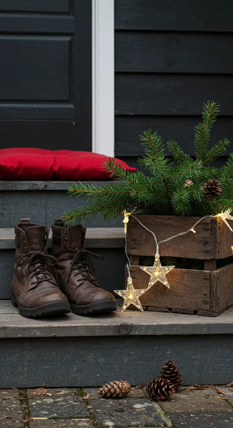 Marches en bois avec des bottes, une caisse de verdure et une guirlande d'étoiles.