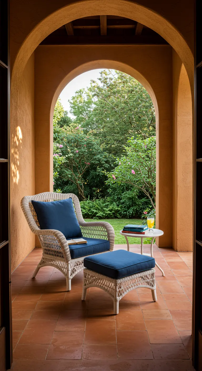 Fauteuil en rotin blanc avec coussins marine dans une alcôve en terre cuite donnant sur un jardin.
