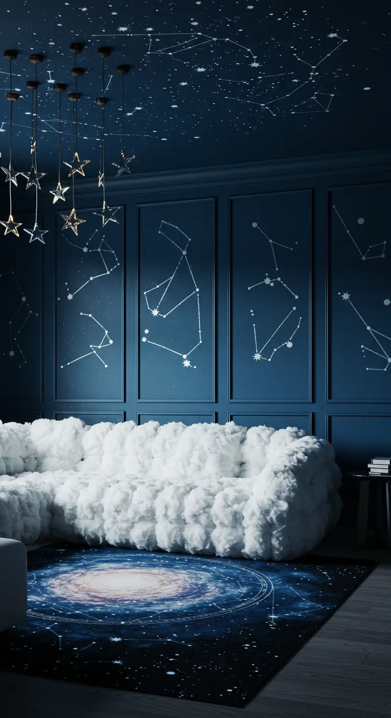 Salon thématique avec murs bleu nuit, constellations peintes et canapé nuage.