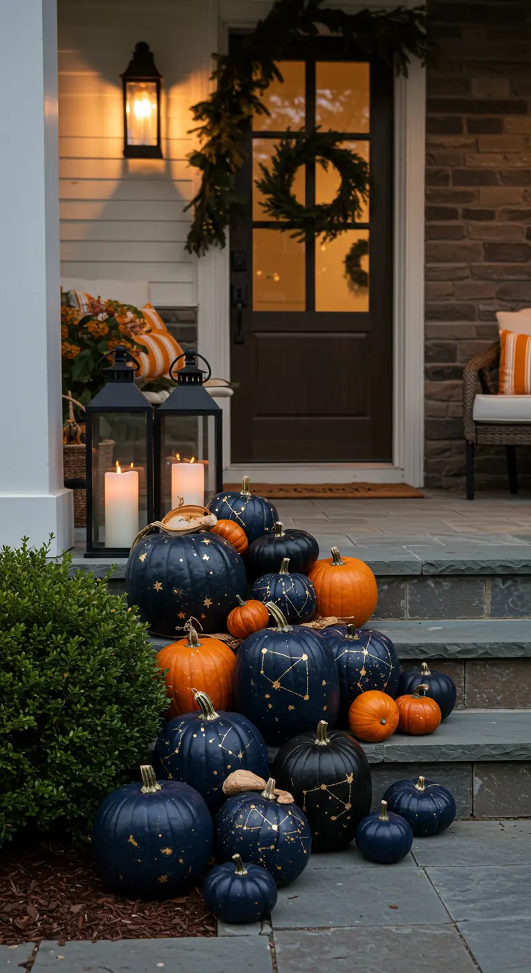 Escalier extérieur avec des citrouilles bleu marine peintes de constellations dorées.