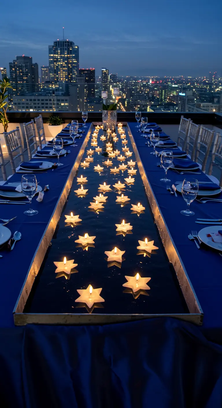 Centre de table long et lumineux avec des bougies flottantes en forme d'étoiles.