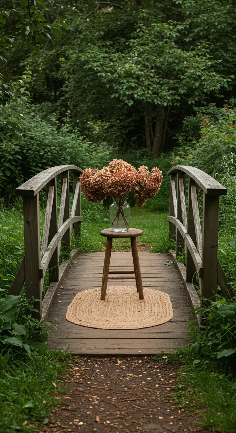 Tabouret en bois avec un vase d'hortensias au milieu d'un pont de jardin.