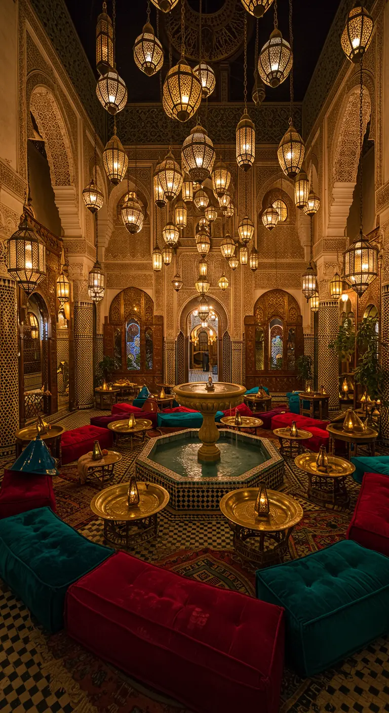 Riad luxueux avec fontaine, coussins et une multitude de lanternes suspendues.