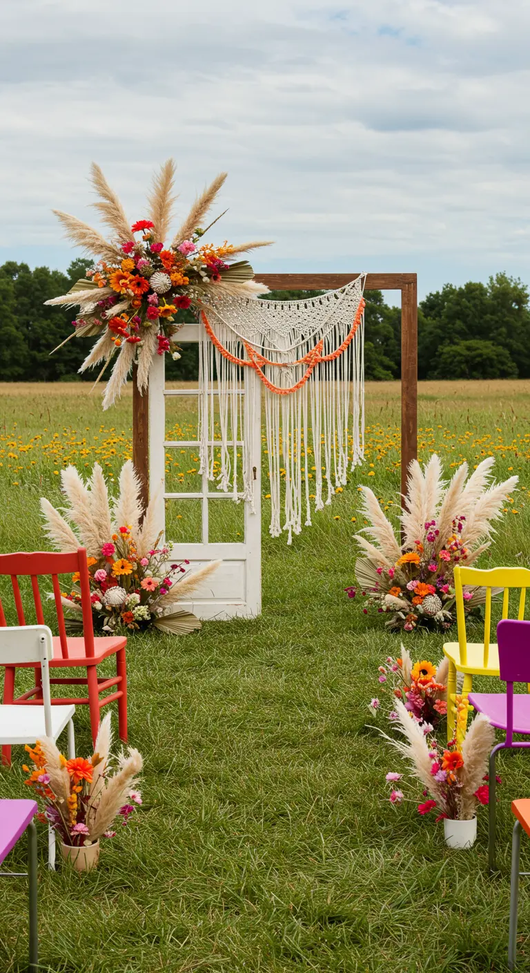 Une vieille porte blanche utilisée comme arche dans un champ de fleurs sauvages.