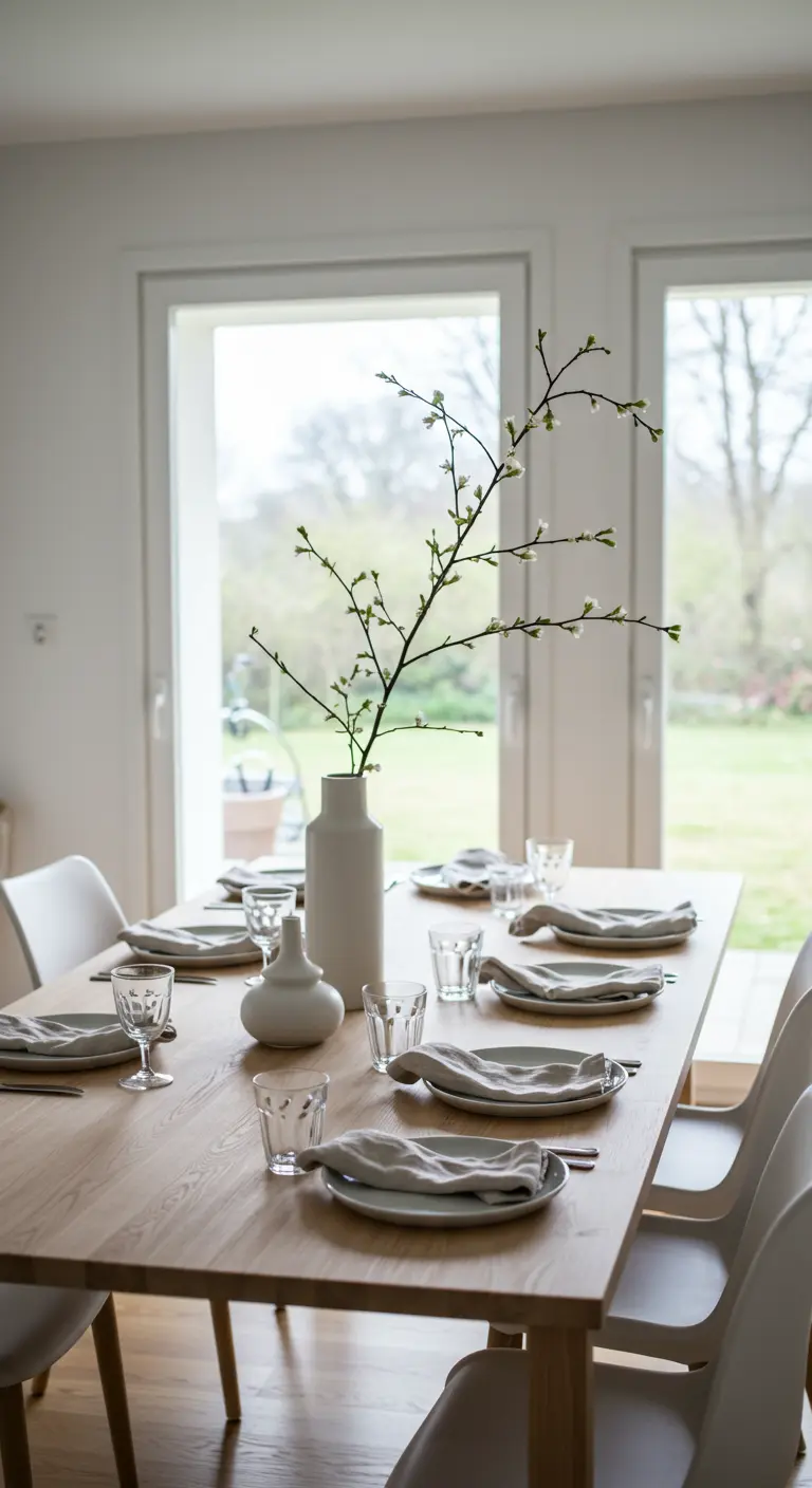 Table en bois clair dressée pour six, avec un grand vase blanc contenant une branche en fleurs.
