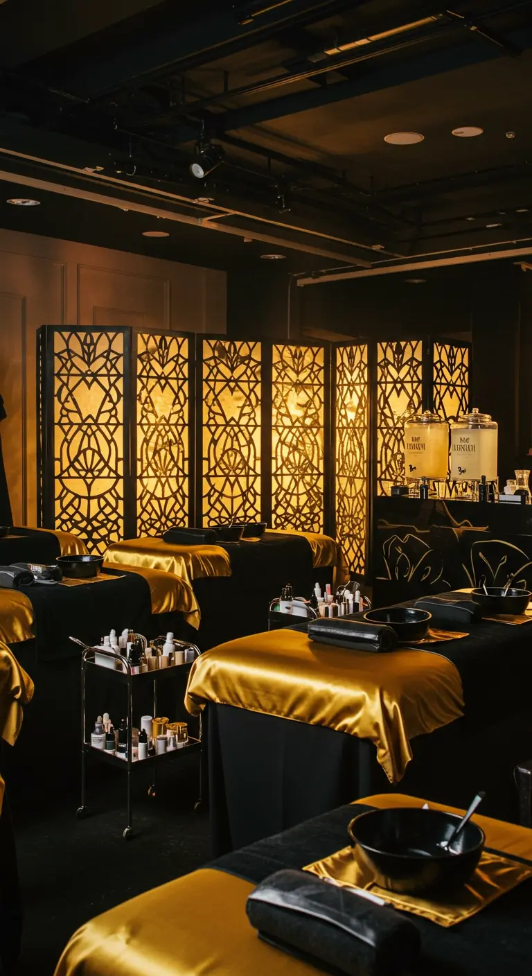 Ambiance de spa de luxe avec tables de massage noires, draps en satin doré et paravents lumineux.