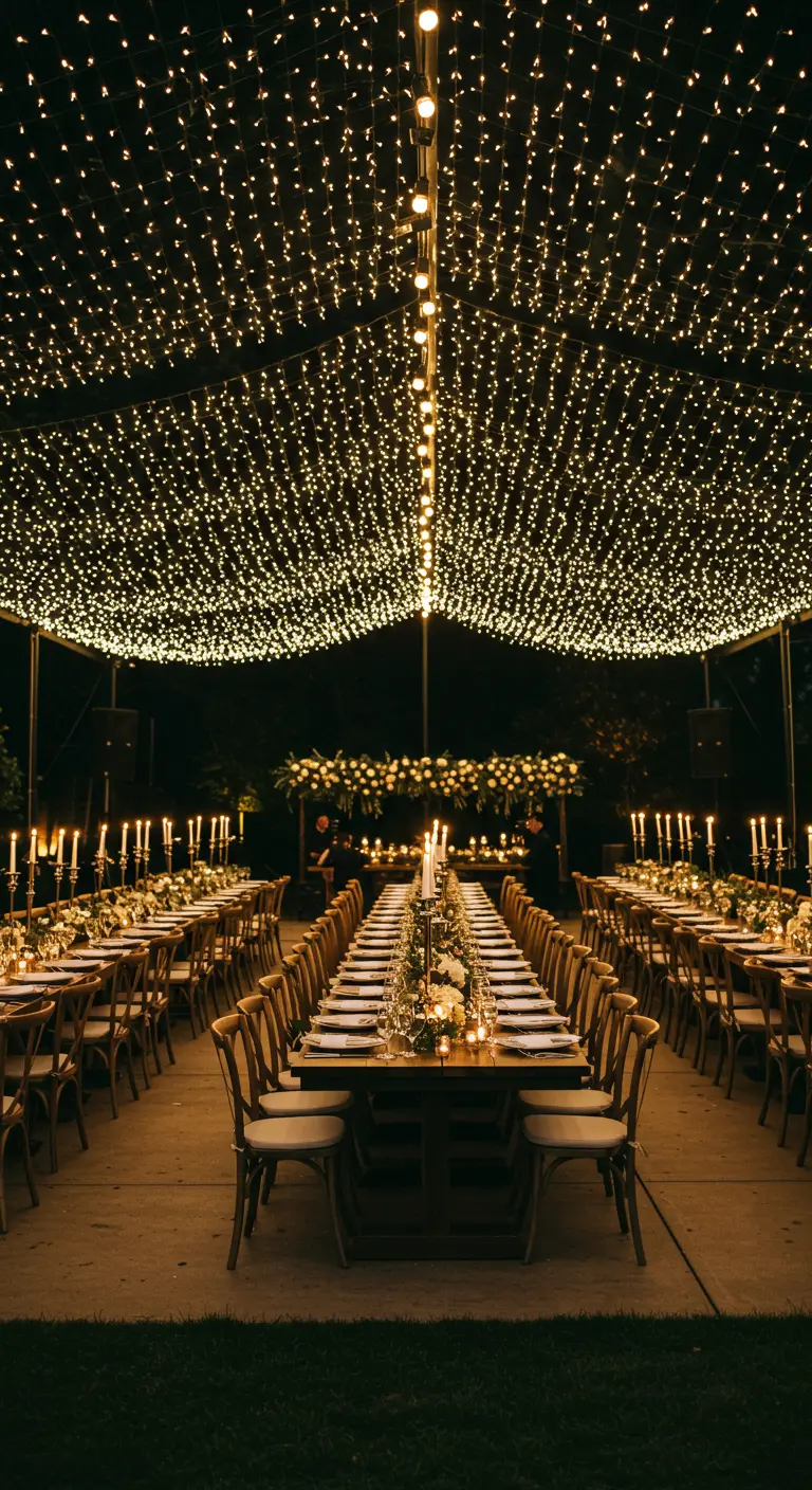 Longues tables de réception sous une tente dont le toit est entièrement fait de guirlandes lumineuses.