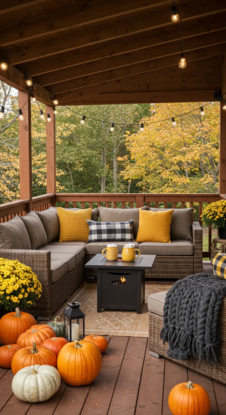 Terrasse couverte avec canapé, plaids, citrouilles et guirlandes lumineuses