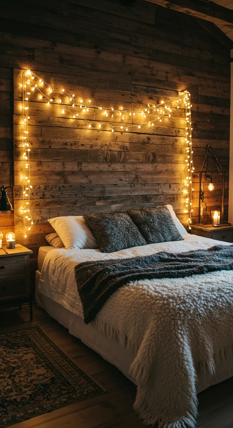 Tête de lit en bois rustique éclairée par une guirlande lumineuse suspendue.