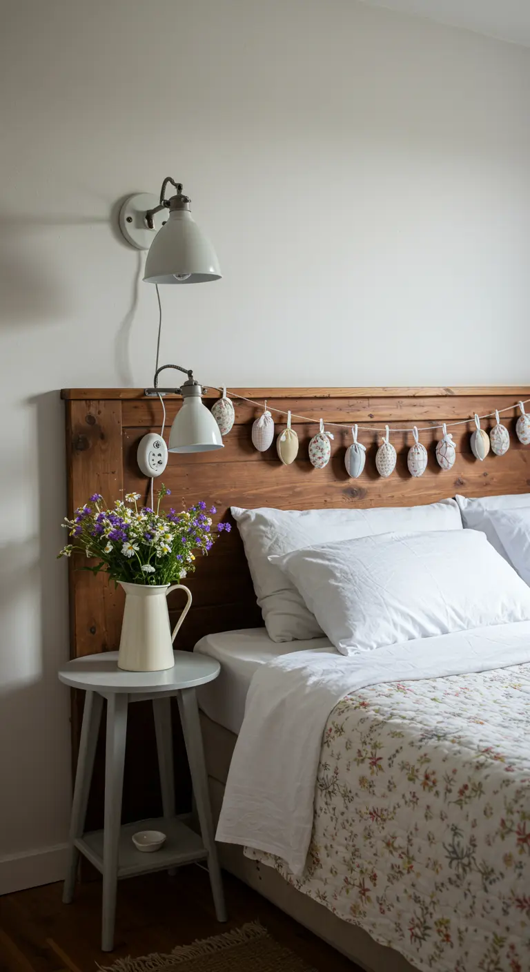 Tête de lit en bois décorée d'une guirlande d'œufs et fleurs sur la table de chevet.