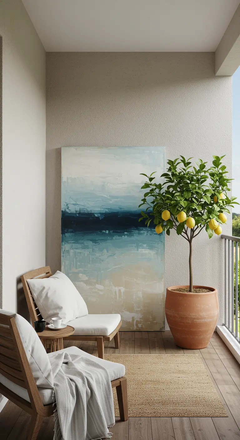 Balcon moderne avec deux chaises en bois, un tapis en jute, un citronnier et une grande peinture abstraite.
