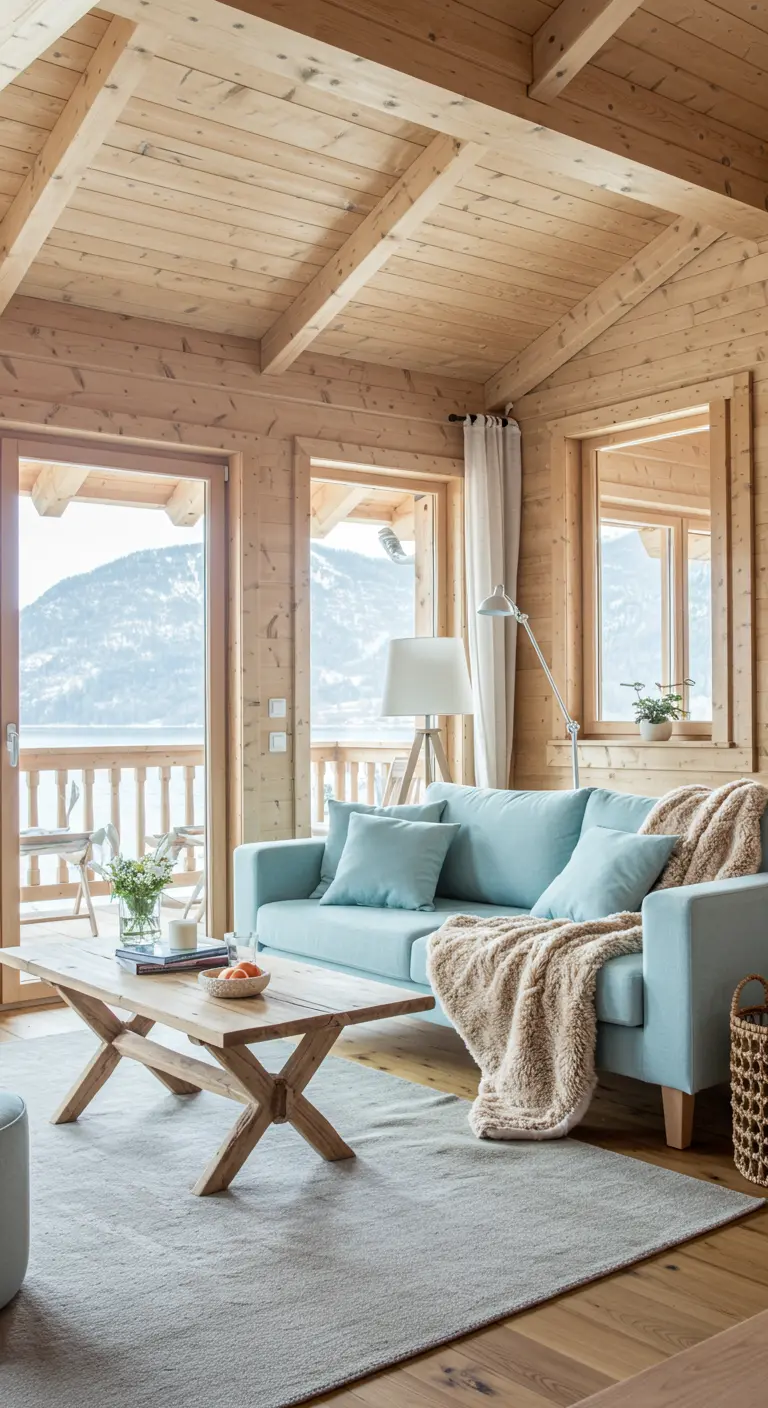 Chalet lumineux avec canapé bleu pastel, table en bois clair et vue sur les montagnes.