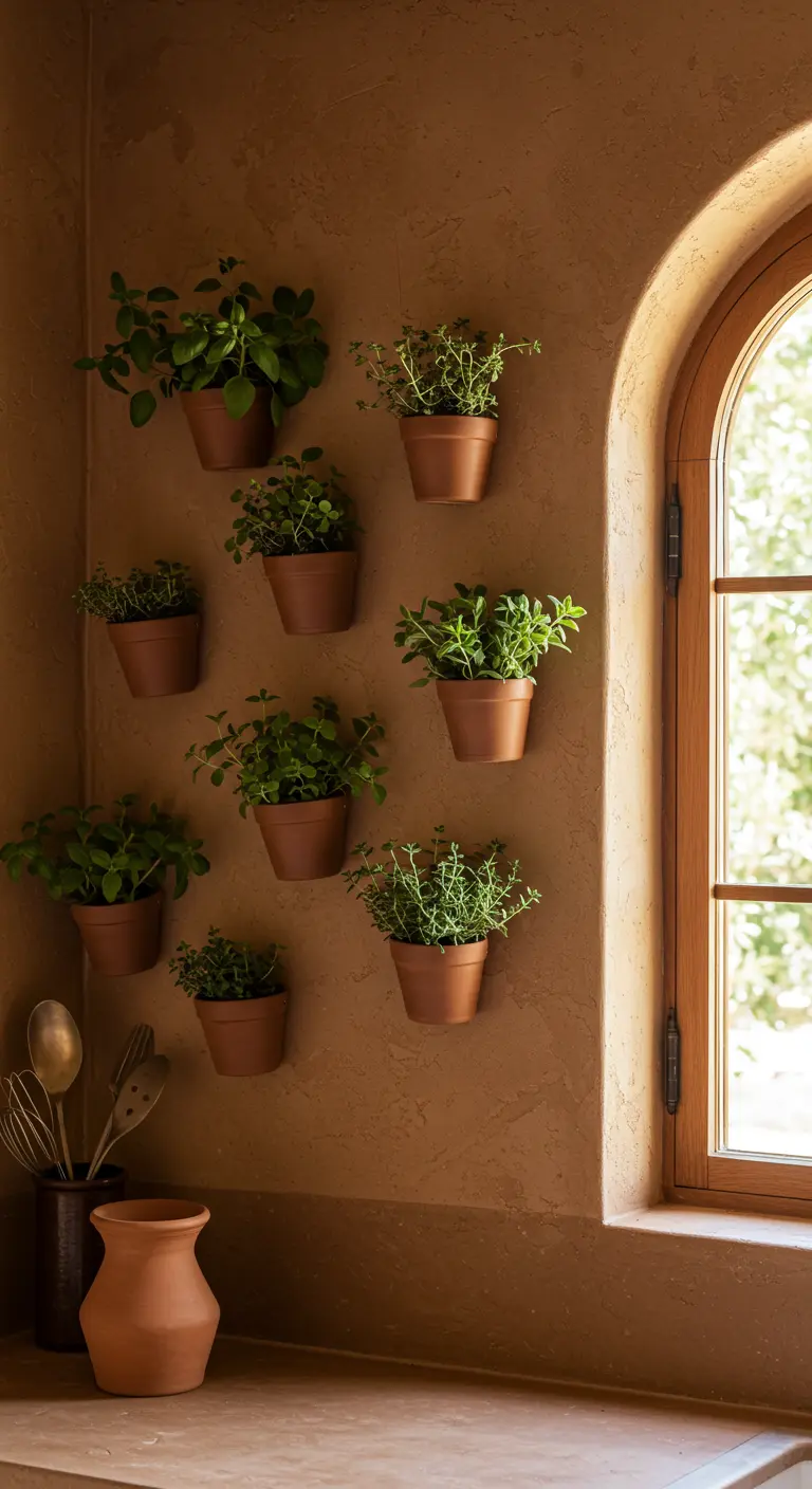 Pots en terre cuite de tailles variées avec herbes, disposés de manière asymétrique sur un mur texturé.