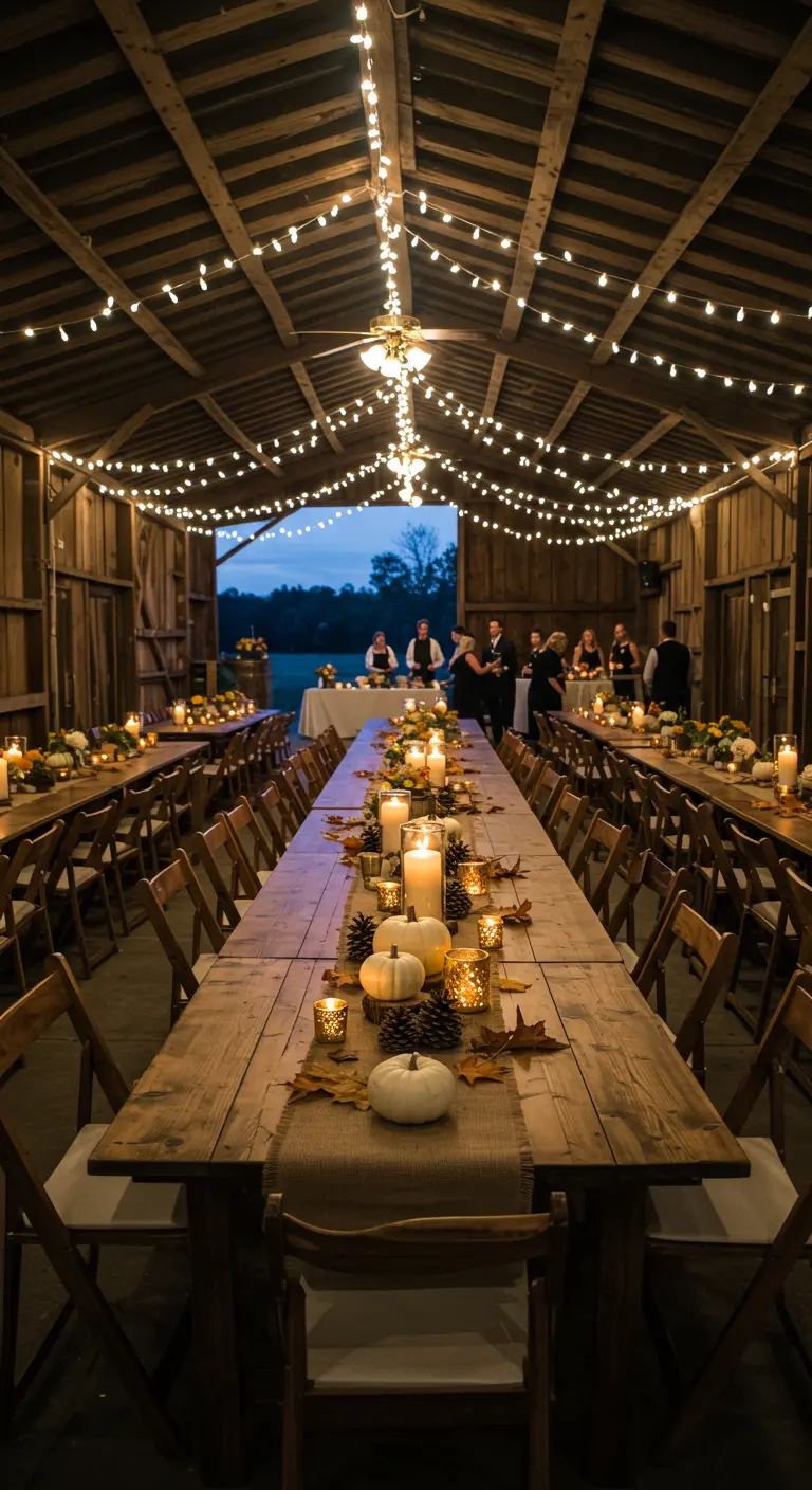 Longues tables en bois dans une grange illuminée par des guirlandes lumineuses.