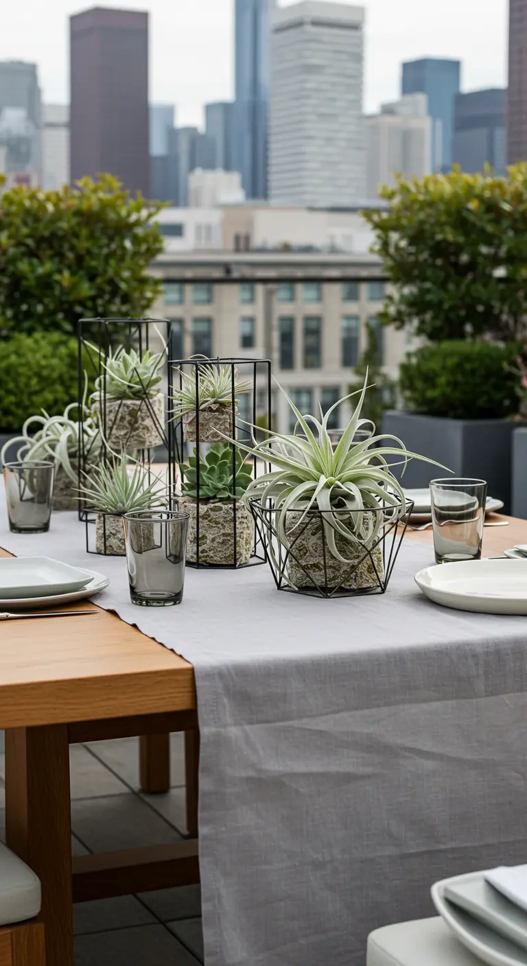 Table de rooftop avec chemin de table gris, plantes grasses en jardinières géométriques et verres fumés.