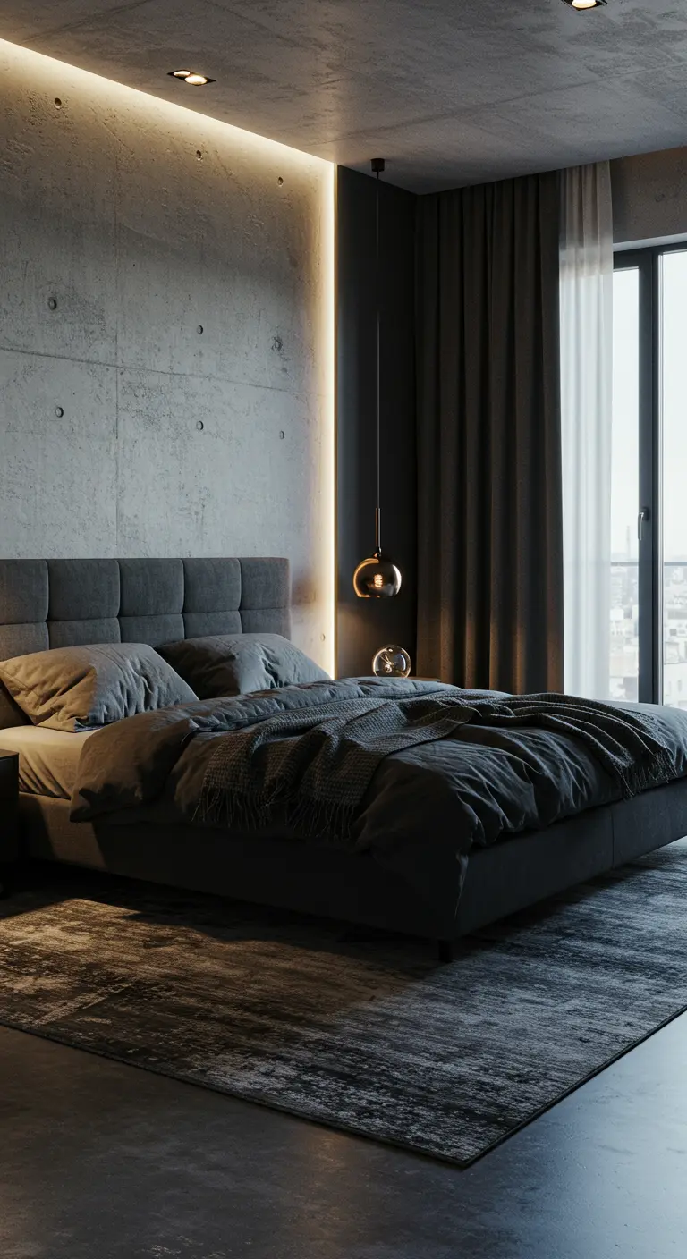 Chambre moderne et industrielle avec murs en béton, grand lit gris et éclairage d'ambiance.