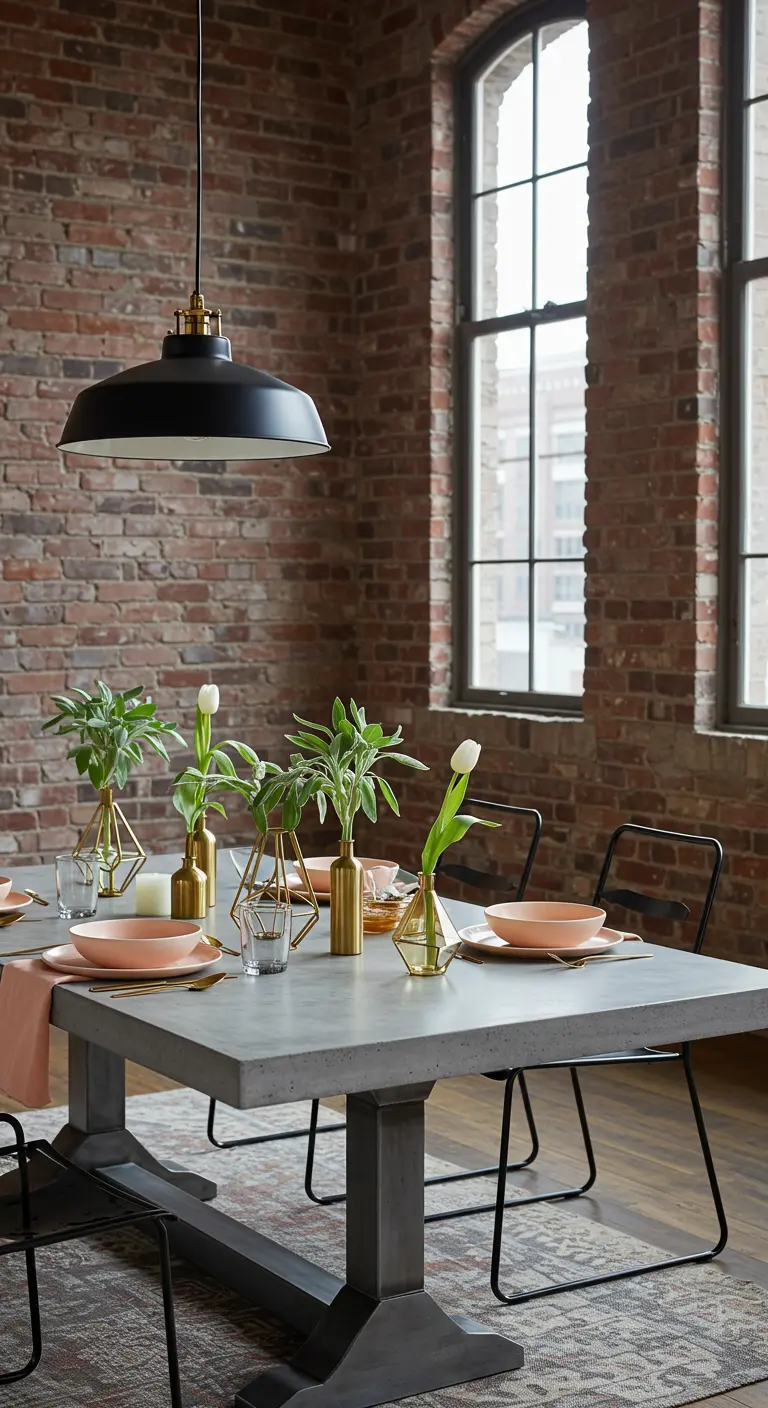 Décoration de table moderne avec vases dorés, feuillage vert et tulipes blanches sur une table en béton.