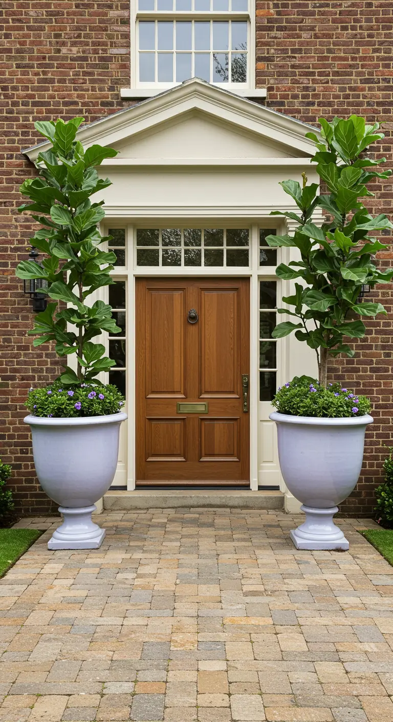 Urnes pastel géantes avec des Ficus lyrata encadrant une porte d'entrée élégante