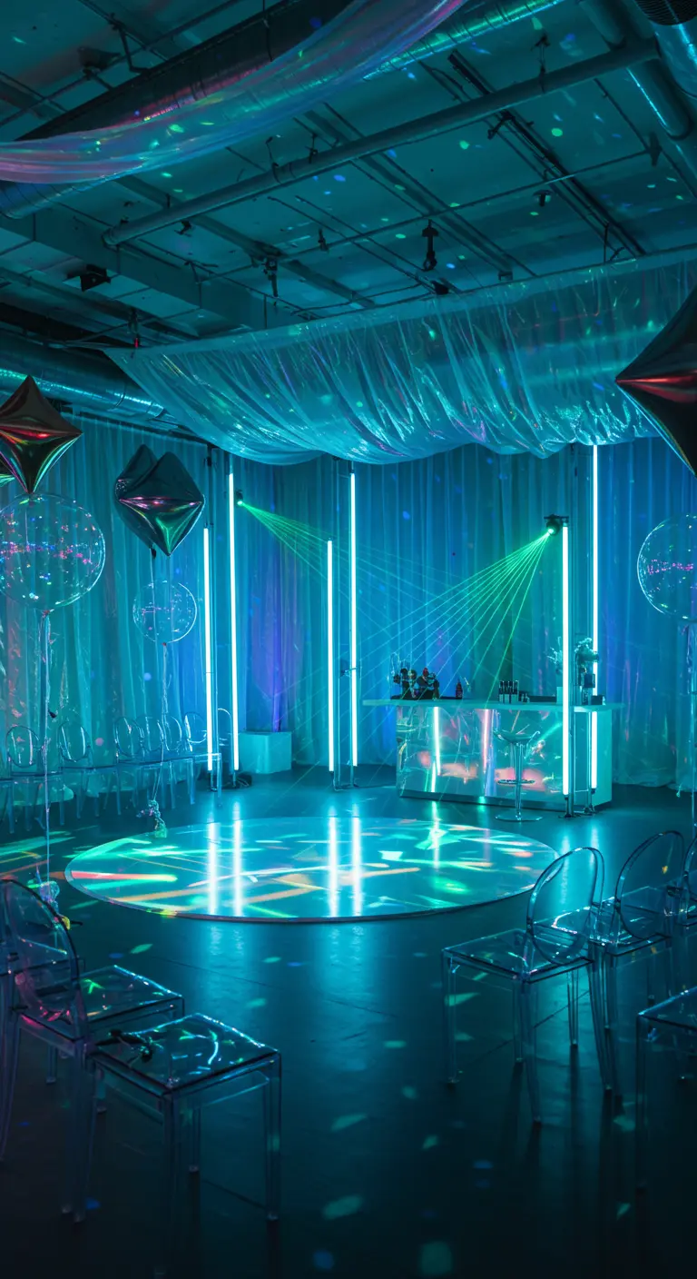 Salle de fête bleue et turquoise avec lumières néon verticales, lasers au sol et boules disco.