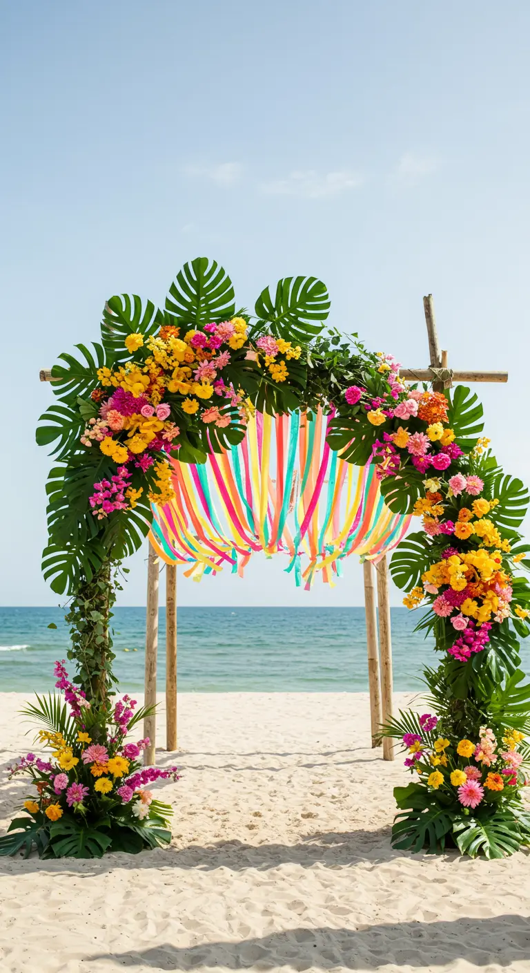 Arche en bois, fleurs tropicales colorées, monstera, rubans arc-en-ciel, plage.