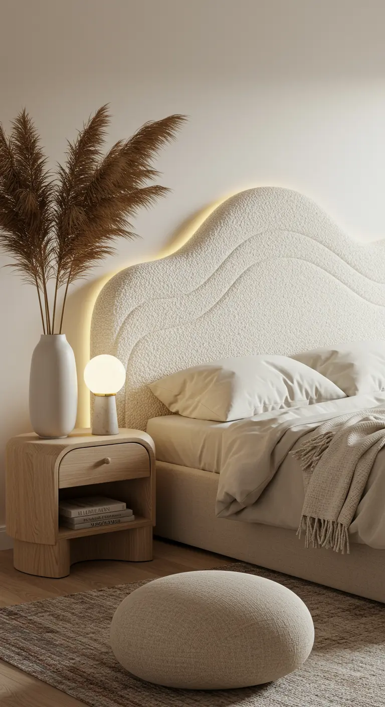 Tête de lit en tissu bouclé blanc aux formes ondulées, avec un rétroéclairage LED.